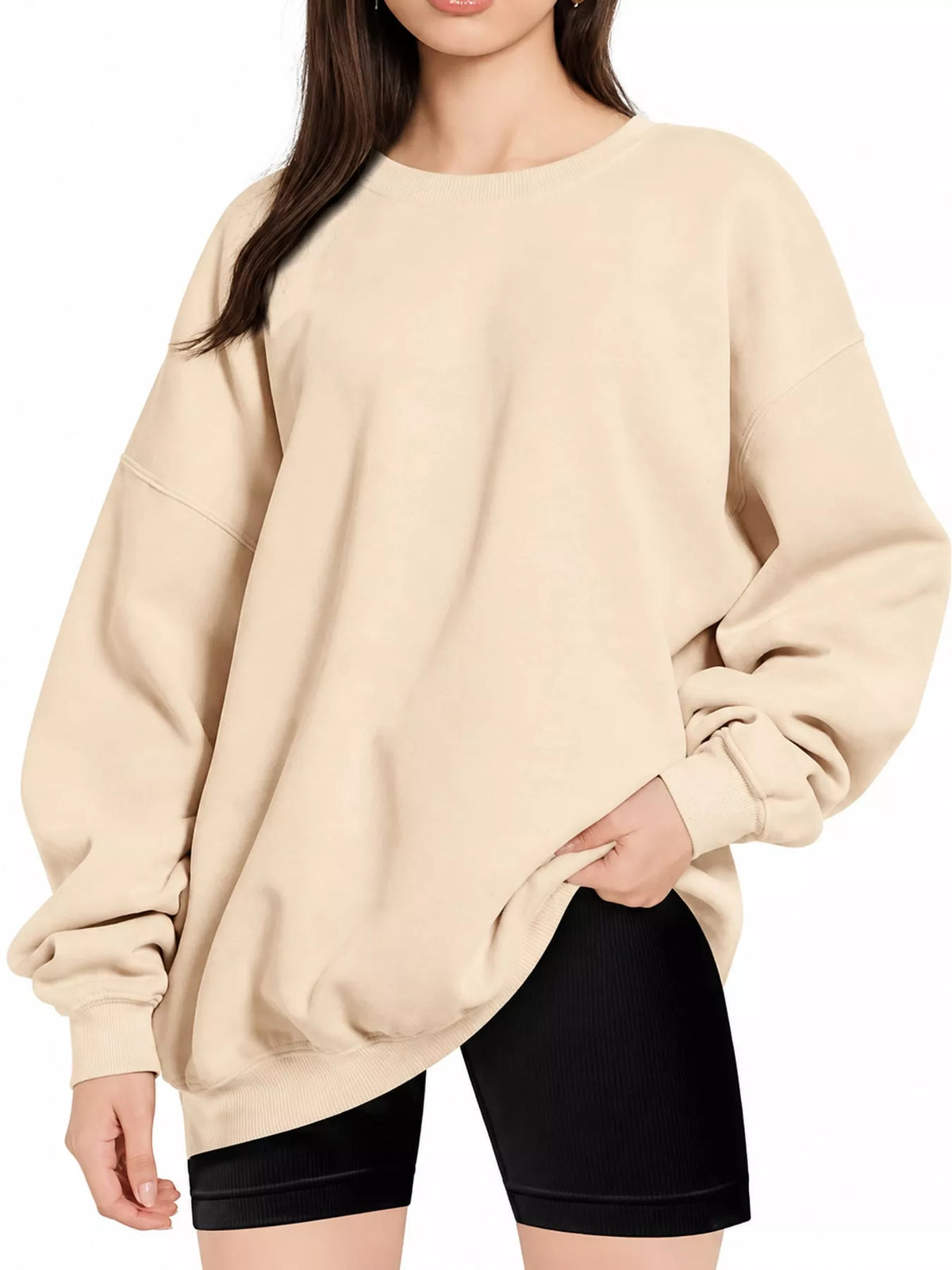 Ribbed Trim Crew Neck Sweatshirt in cream, front view