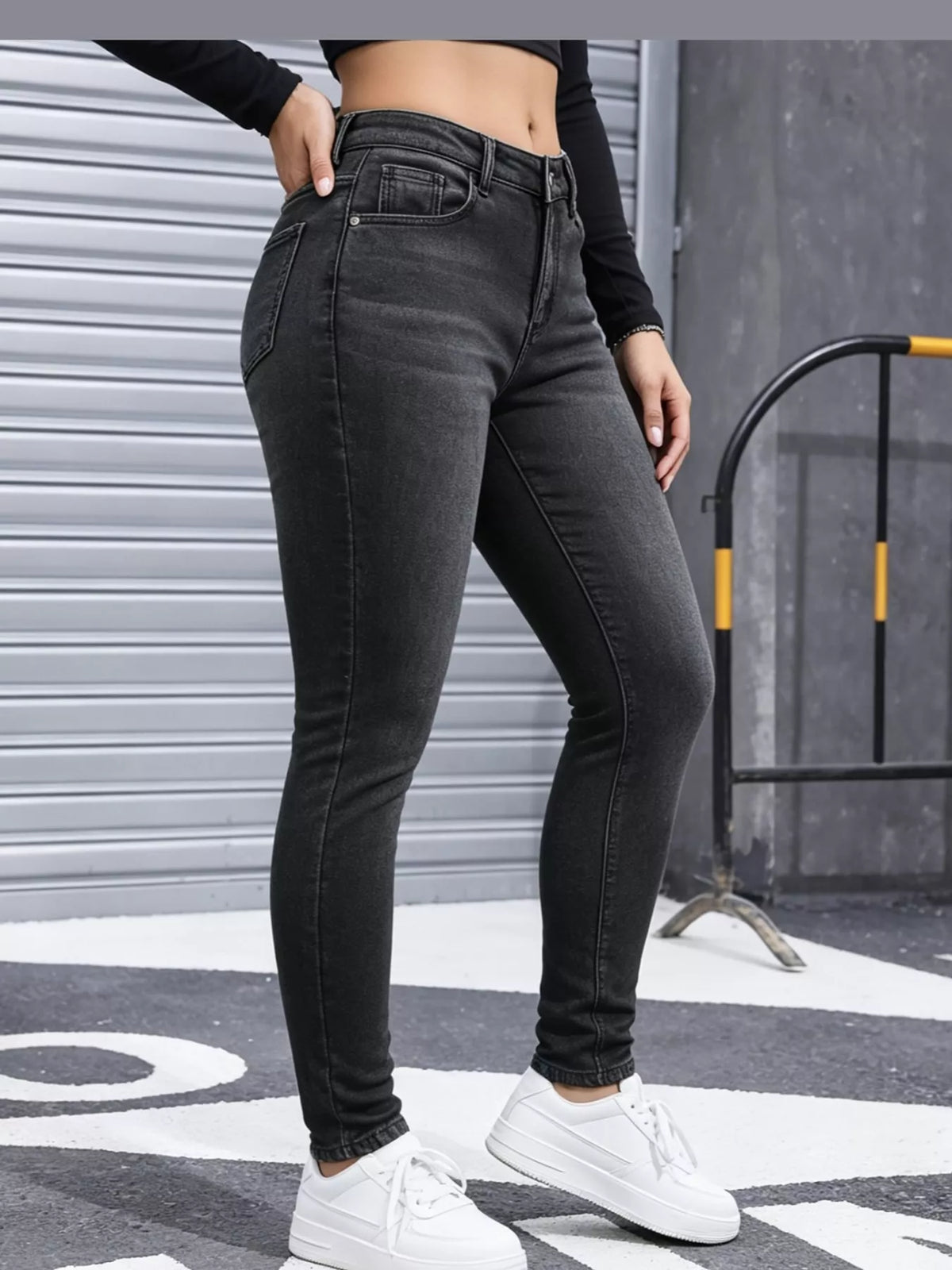 Black Gray high-waisted fleece-lined skinny jeans