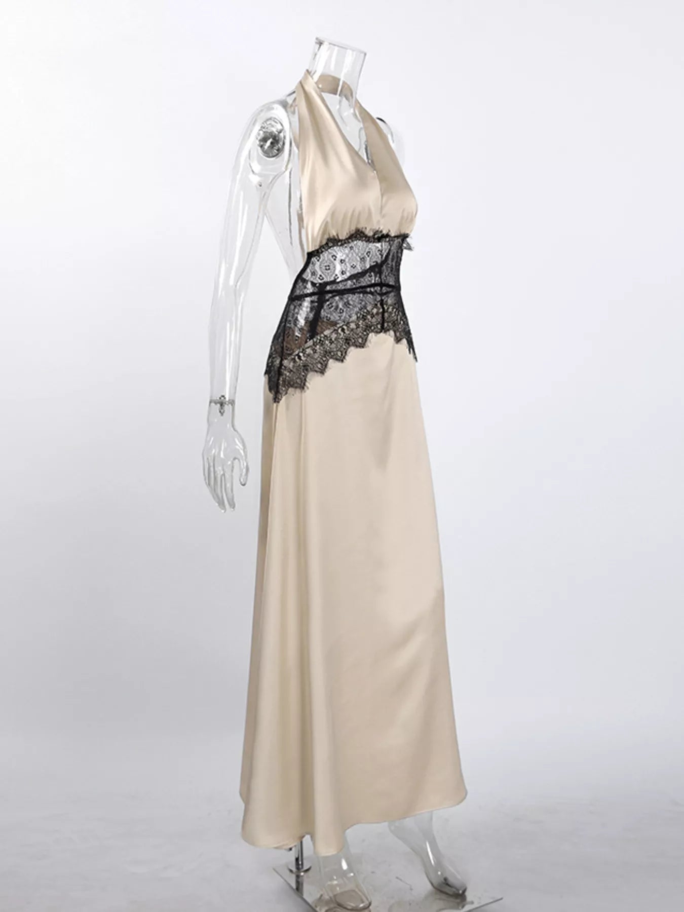 Trendsi Halter Neck Lace Waist Maxi Dress -