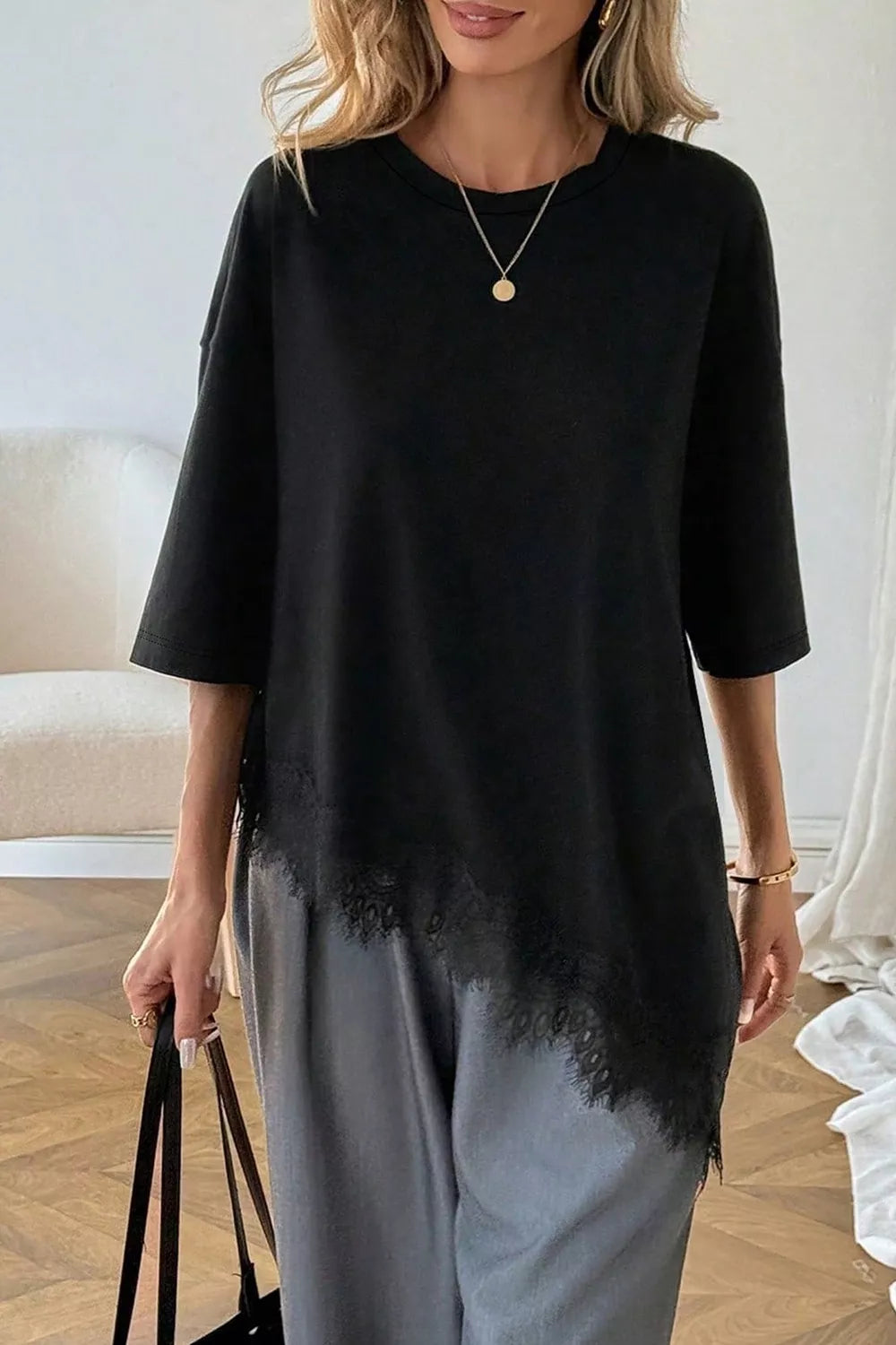 Trendsi Lace Asymmetrical Hem Round Neck T-Shirt -