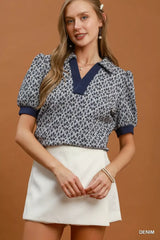 Trendsi Umgee Printed Collared Puff Sleeve Top - Pants