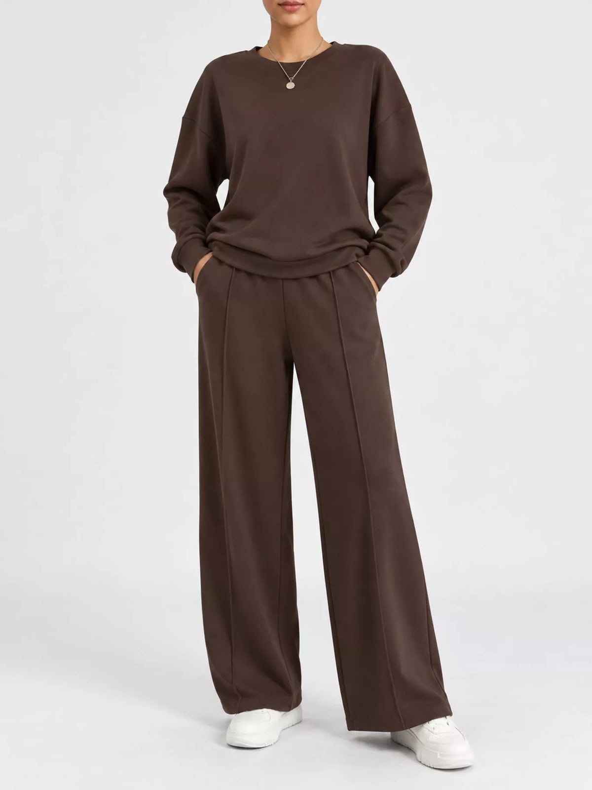 Brown oversized sweatshirt and wide-leg pants set — front view