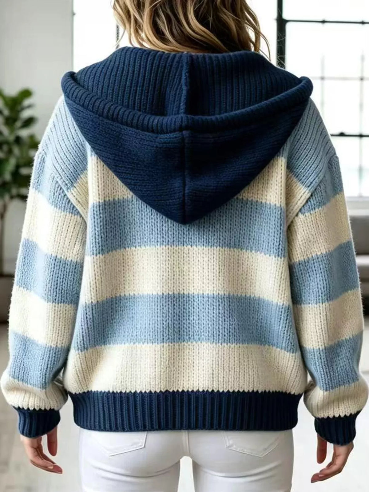 Hooded long sleeve cardigan, back view