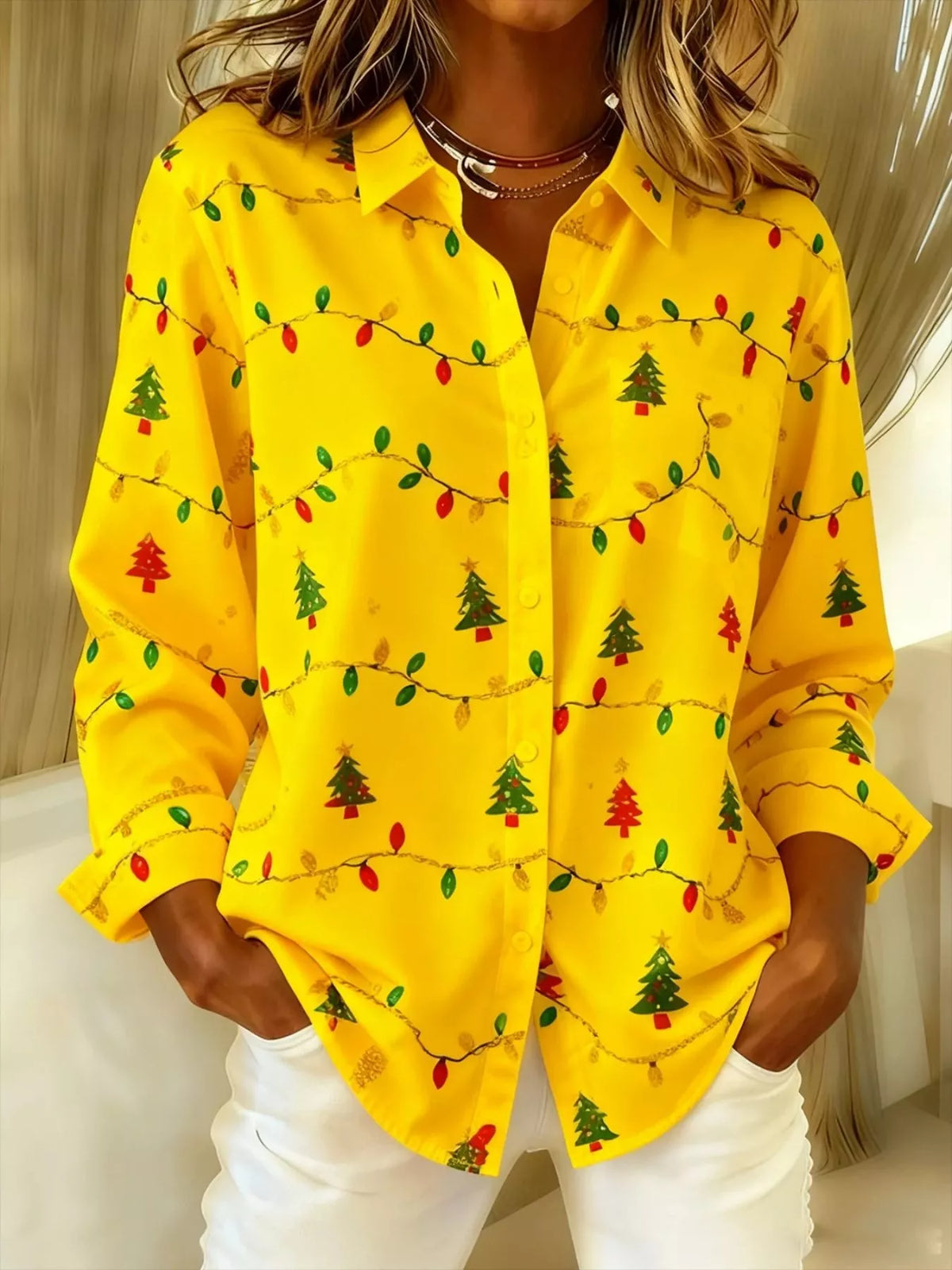 Yellow christmas tree button-down shirt, front view.