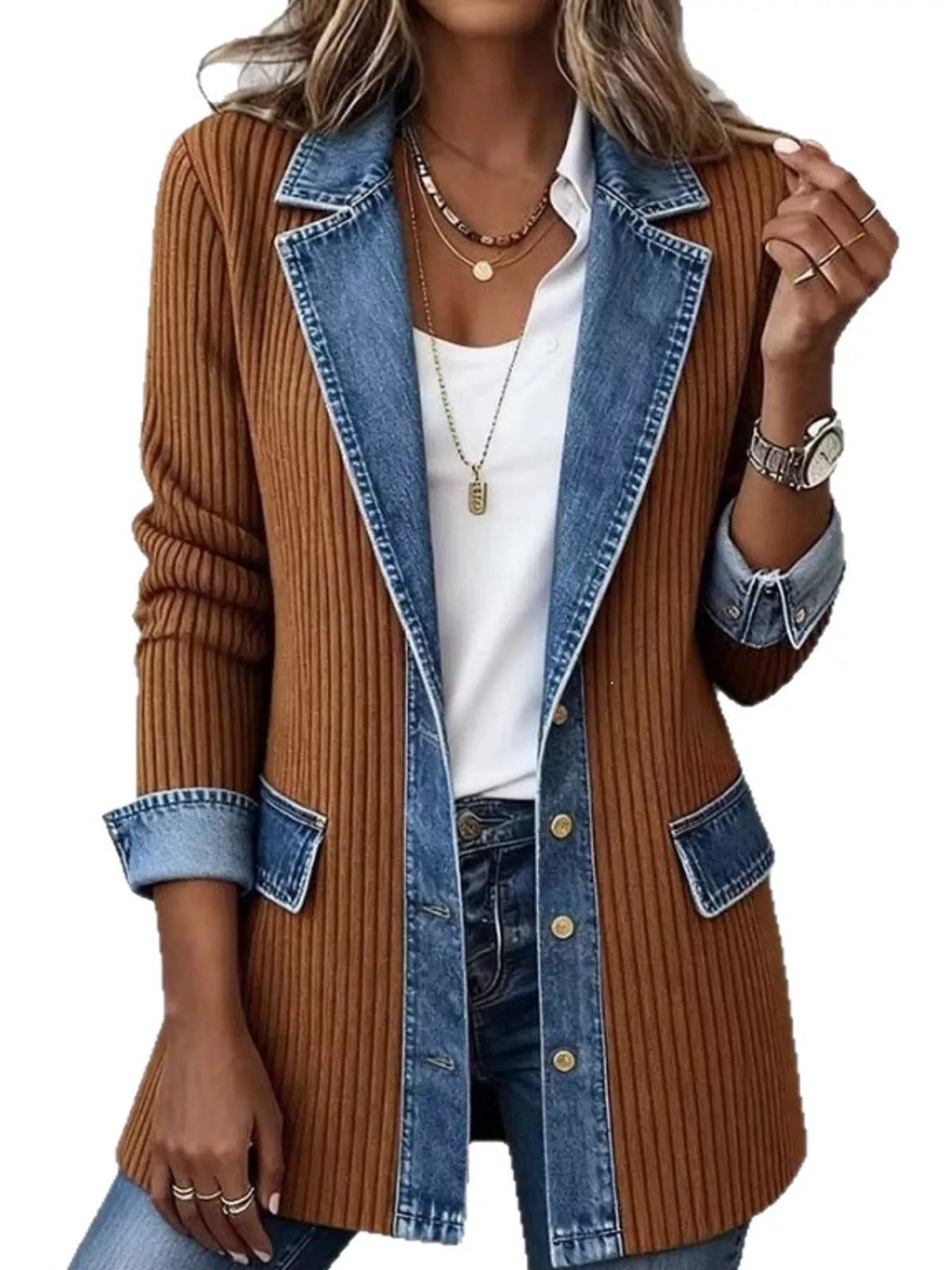 Brown denim trim ribbed knit cardigan