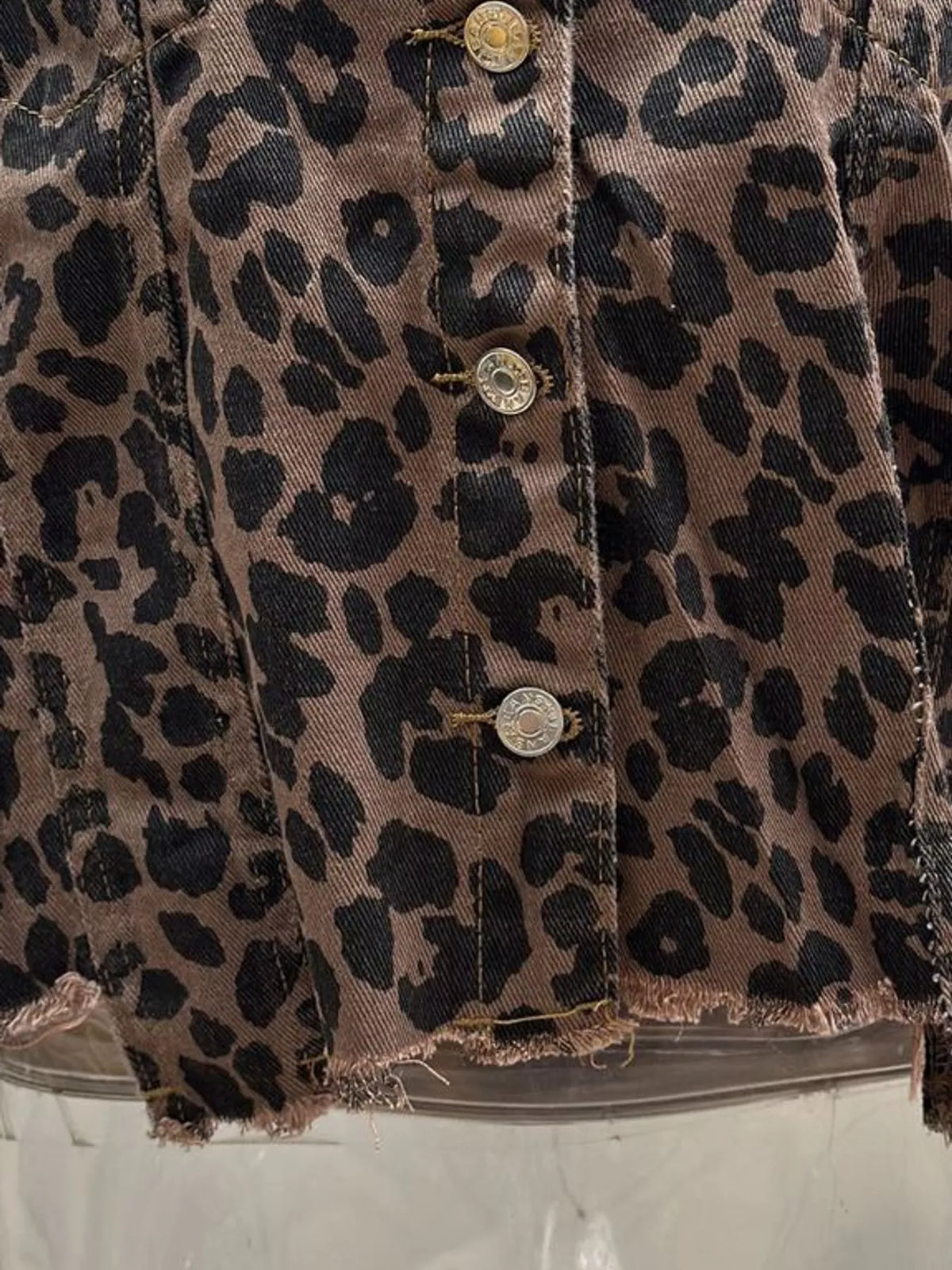 Leopard Print Raw Hem Denim Jacket, detail view in leopard print