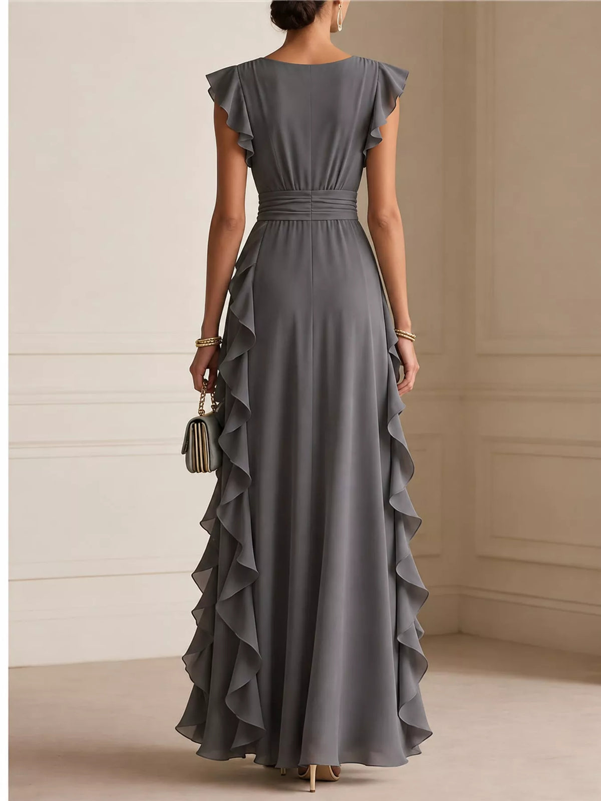 Gray ruffled surplice maxi dress, back view