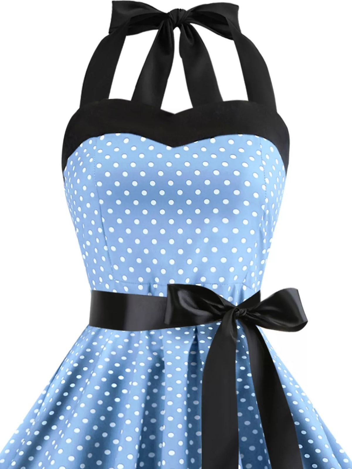 Halter neck sleeveless knee dress, construction and design details