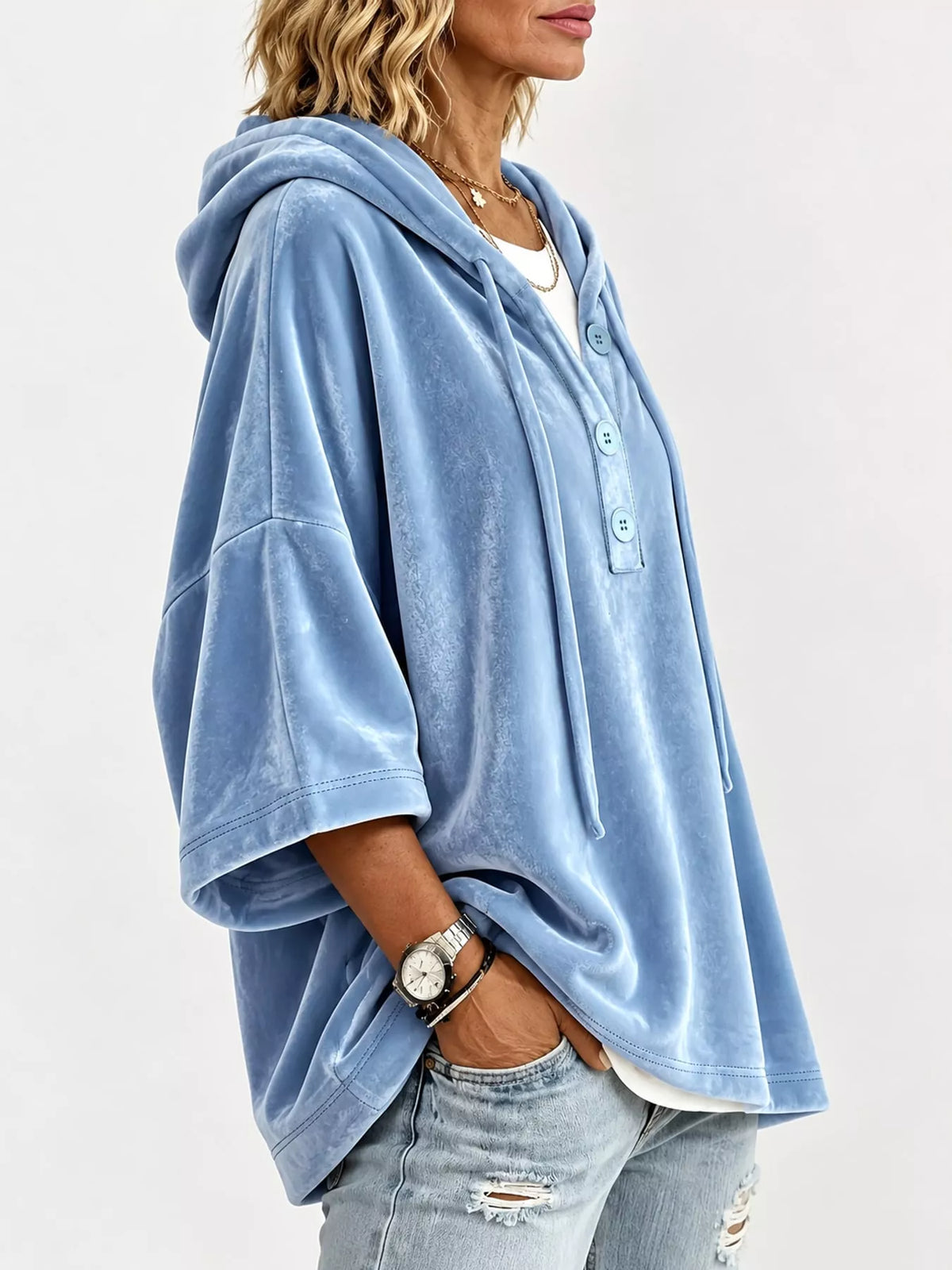 Velvet Button Hoodie in light blue, side view