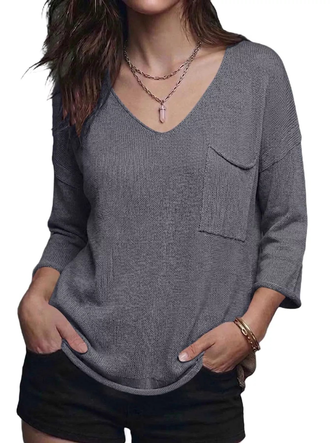Trendsi V-Neck Chest Pocket Knit Top -