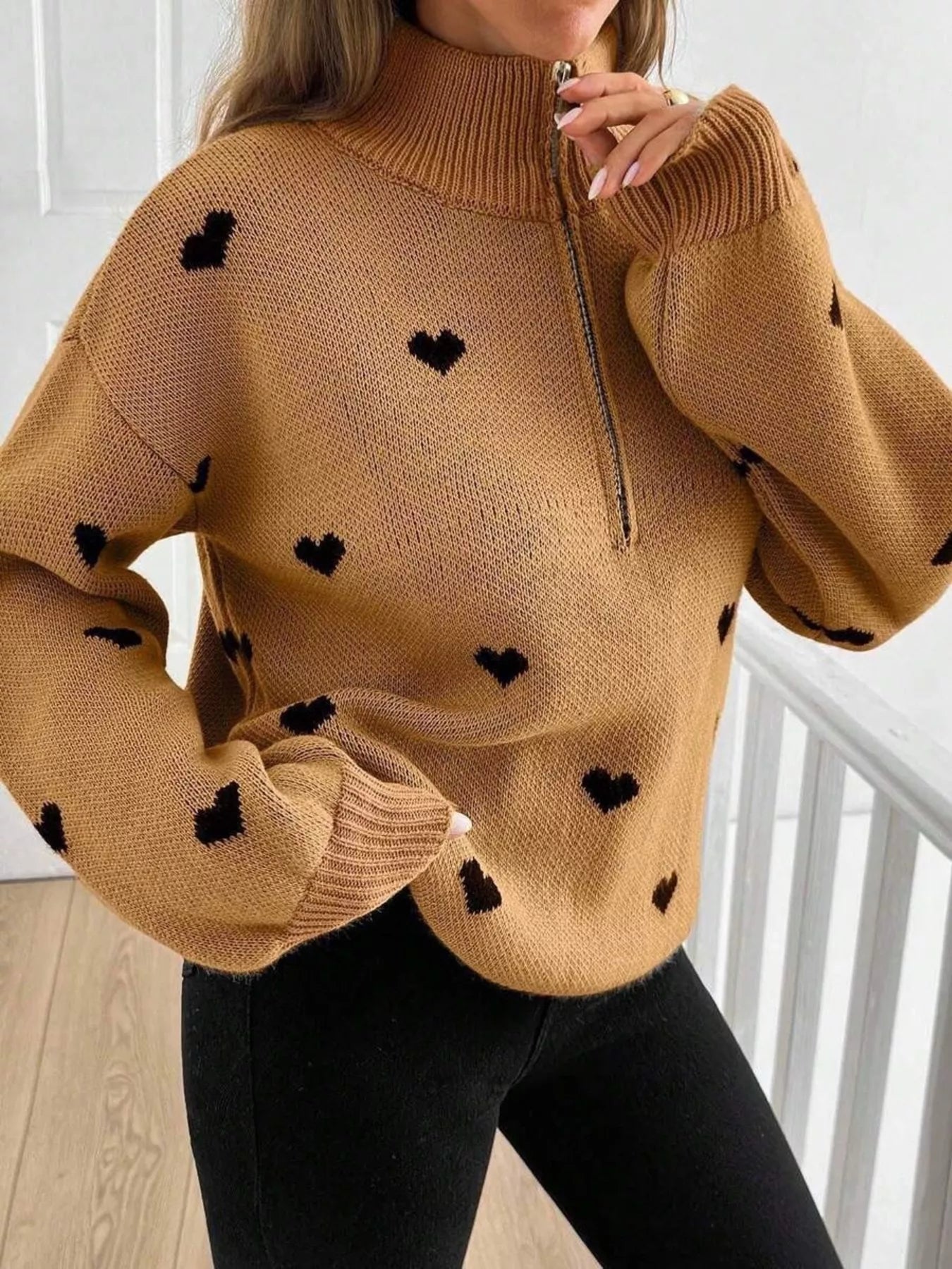Trendsi Full Size Heart Half-Zip Long Sleeve Sweater Plus Size -
