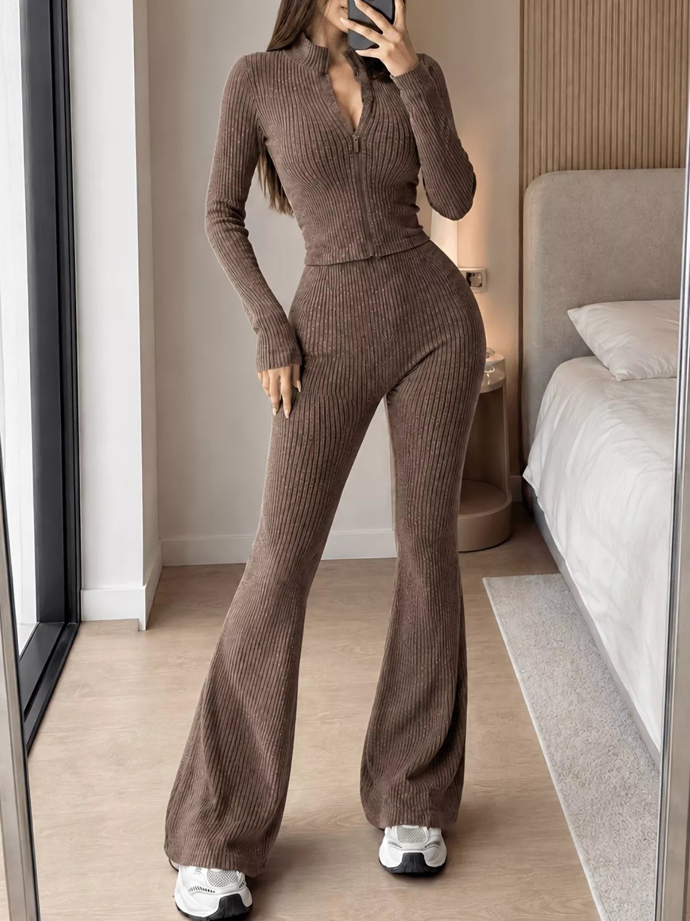 Ribbed zip-up cardigan and pants knit set