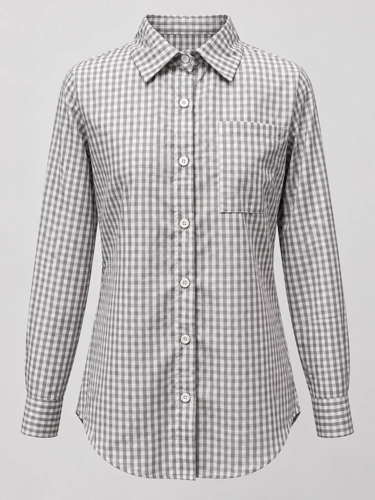 Gray and white plaid button-down shirt