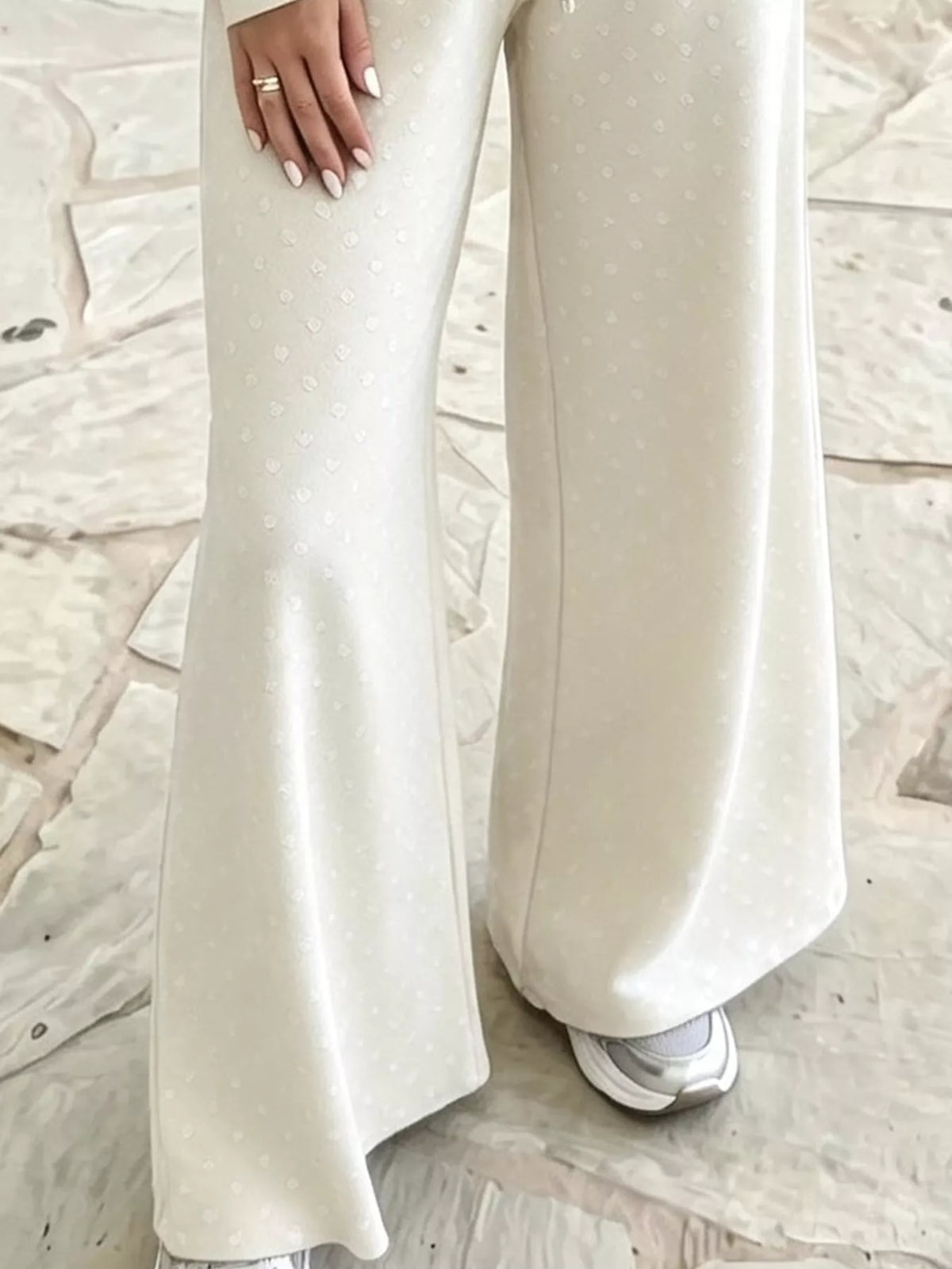 White swiss dot crop top and wide-leg pants set — design and construction details