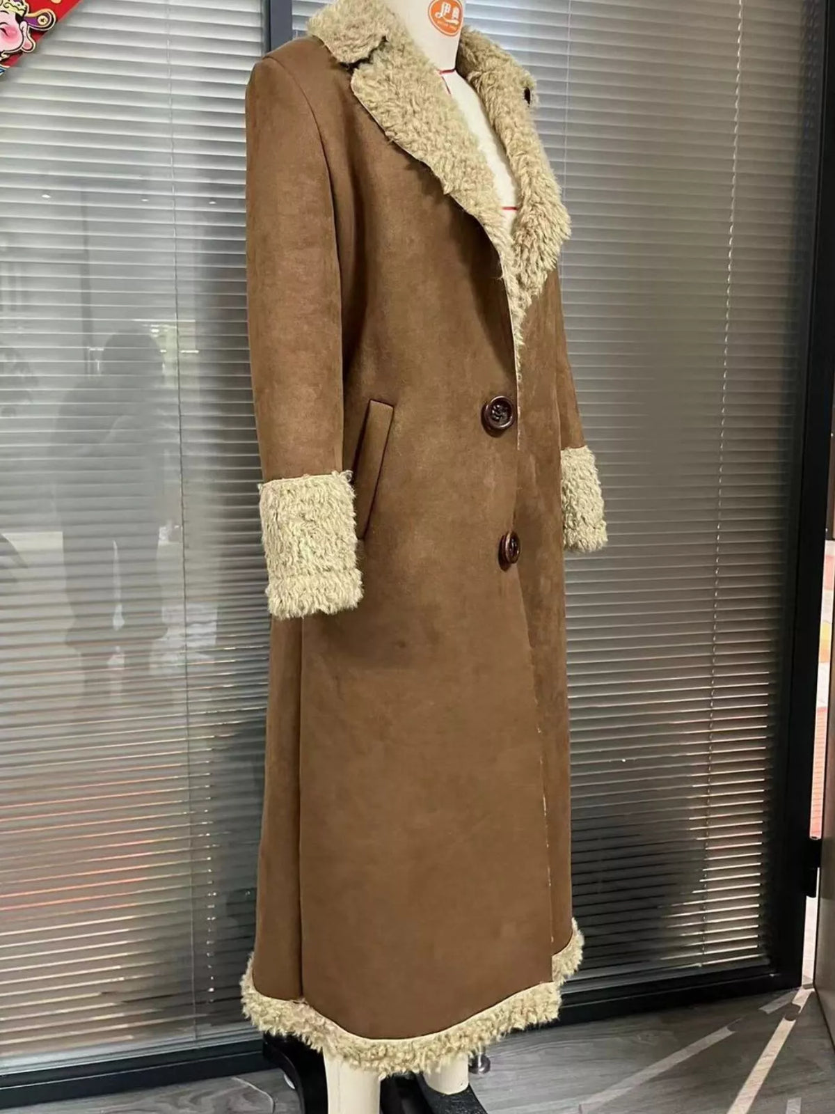 Brown faux suede shearling-style long coat