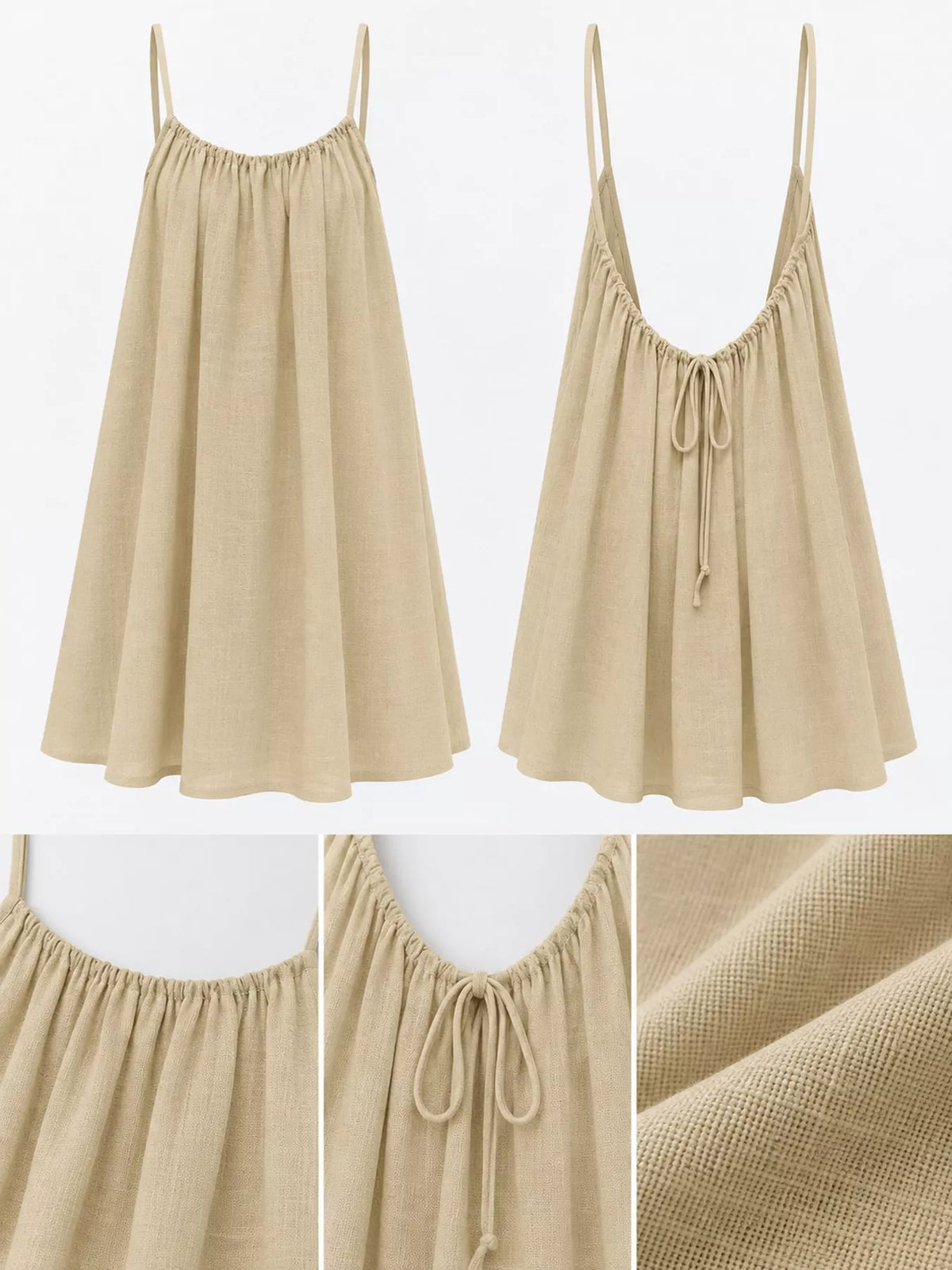 Beige spaghetti strap A-line mini dress with open tie back, front, back and construction details