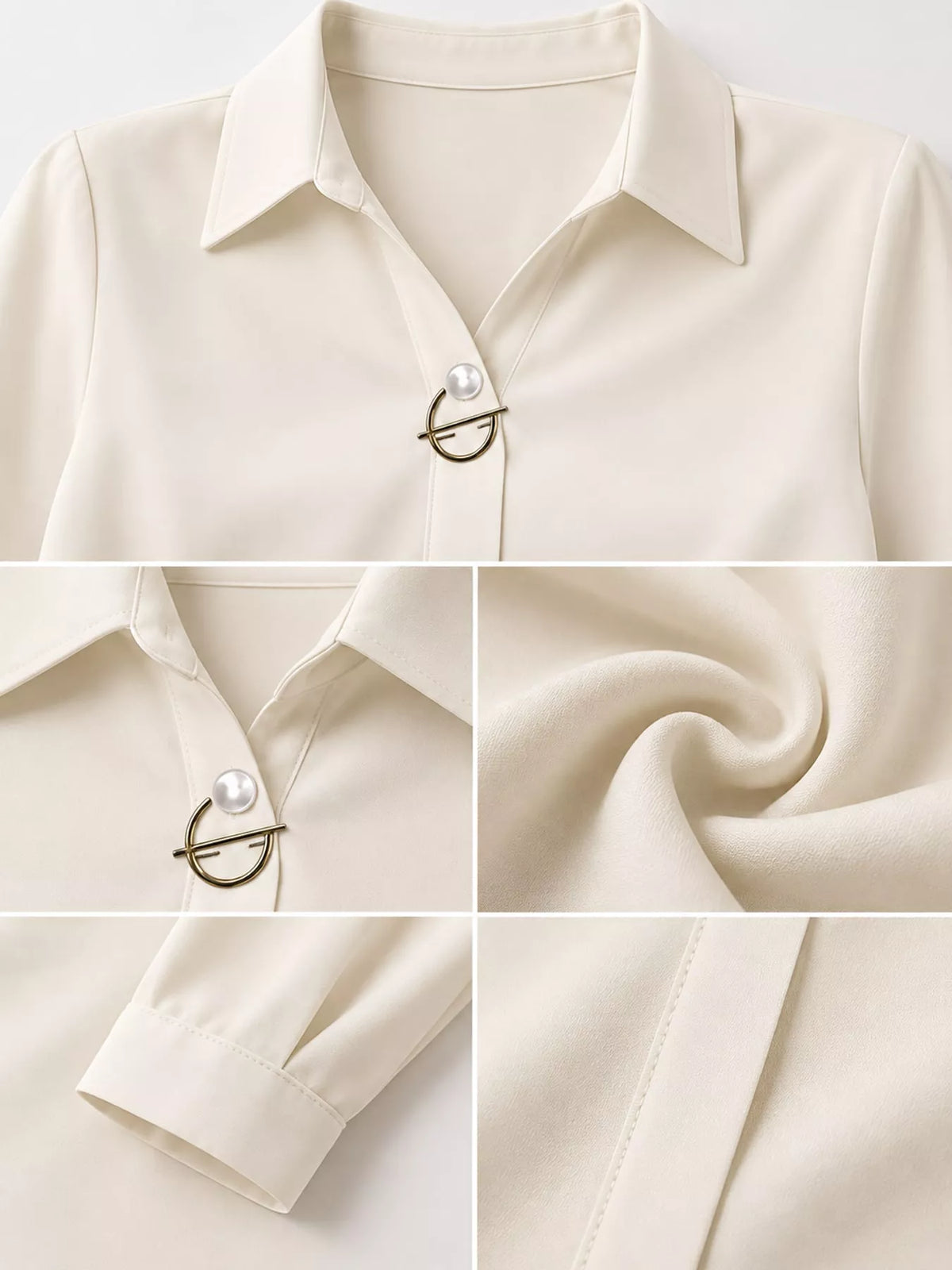 Women's Collared Clasp Detail Long Sleeve Satin Blouse in cream — detail collage view