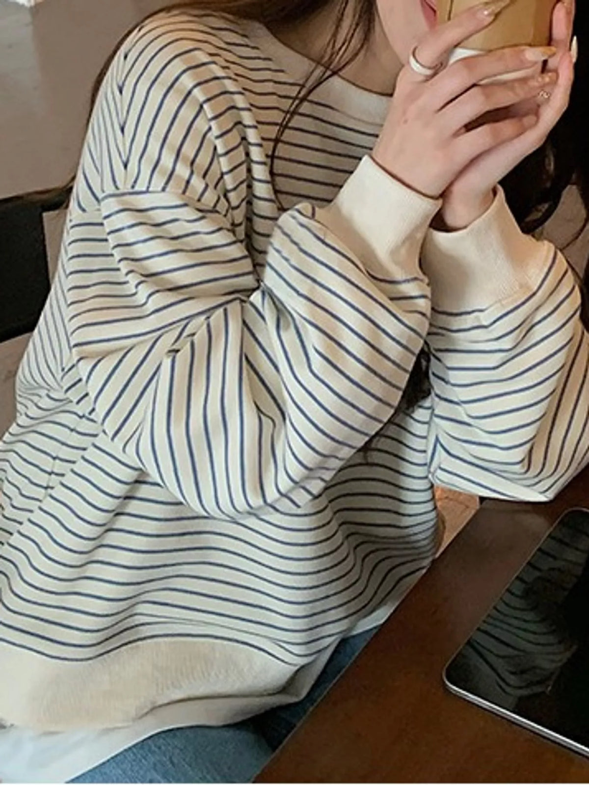 Cream and blue striped long sleeve crewneck t shirt, detail view