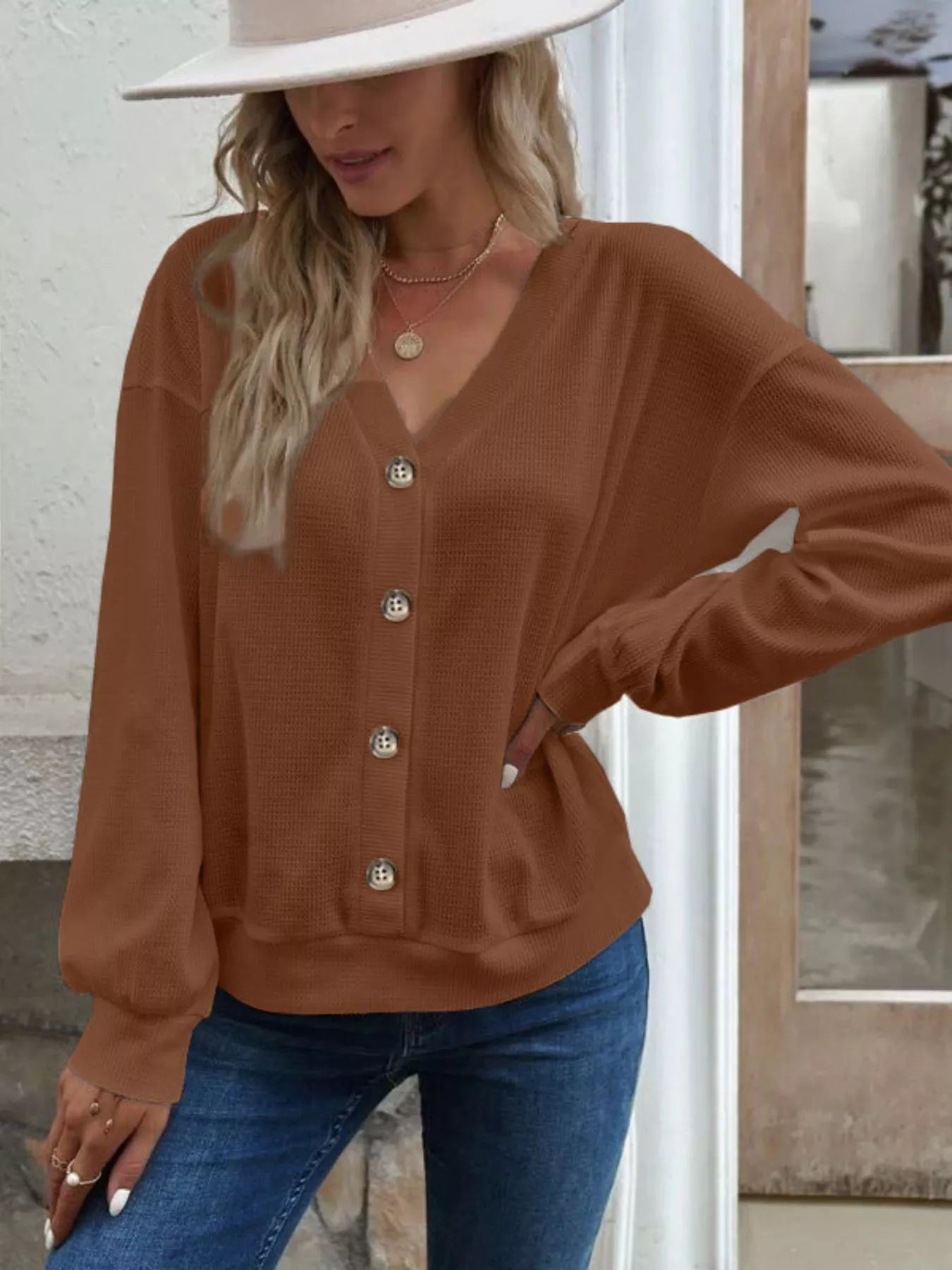 Trendsi Casual V-Neck Waffle Long Sleeve Top -
