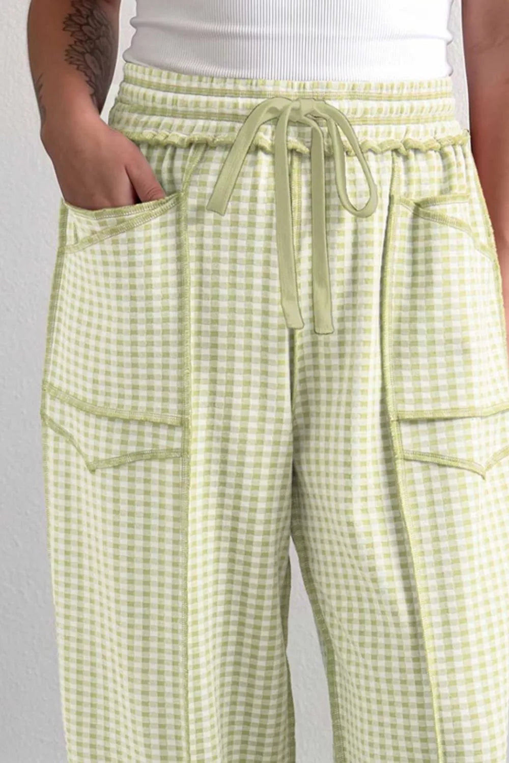 Trendsi Gingham High-Waisted Drawstring Wide-Leg Pants -