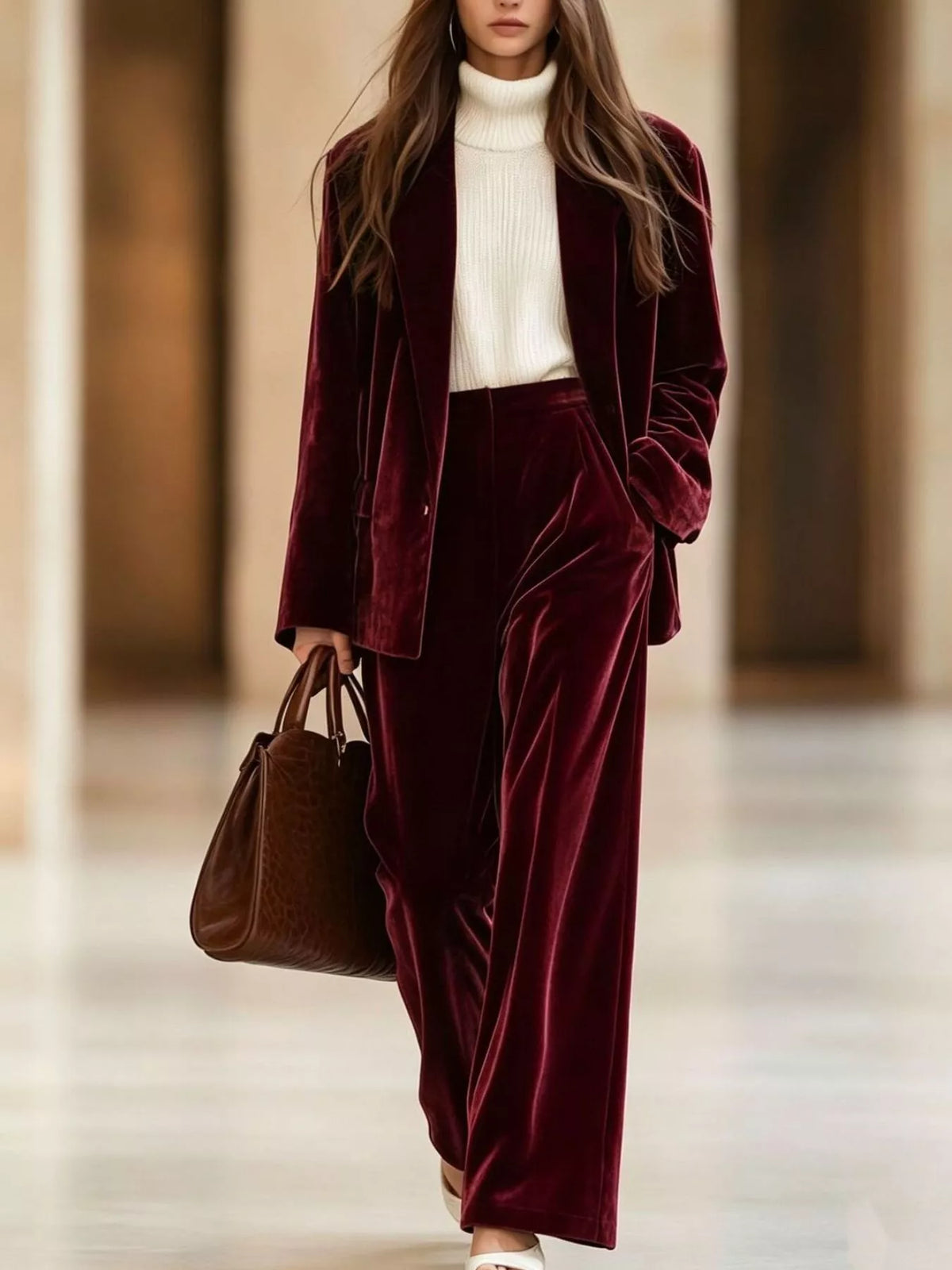 Burgundy velvet blazer and wide-leg pants set, full front view