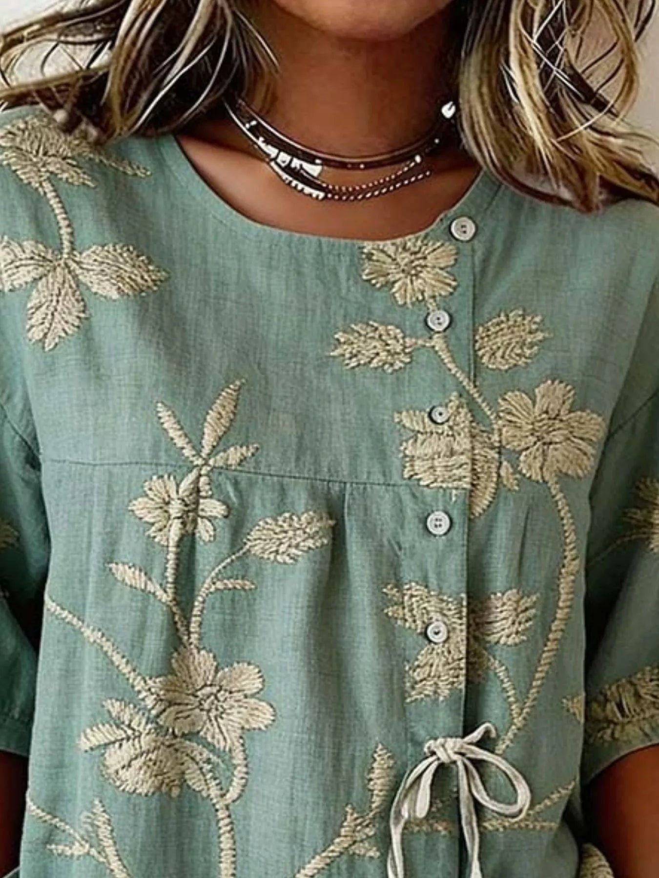 Trendsi Full Size Embroidered Floral Tie Front Shirt Plus Size -