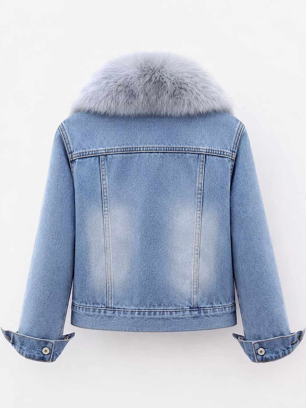 Light Blue distressed denim jacket with sherpa fleece lining, back view