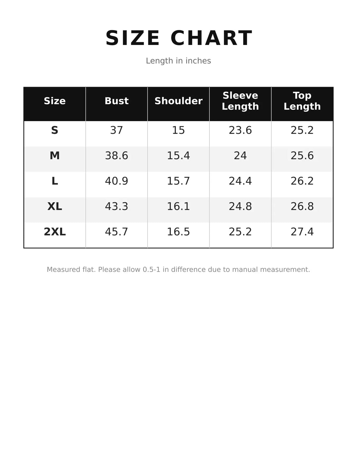Collared long sleeve blazer, size and measurement chart