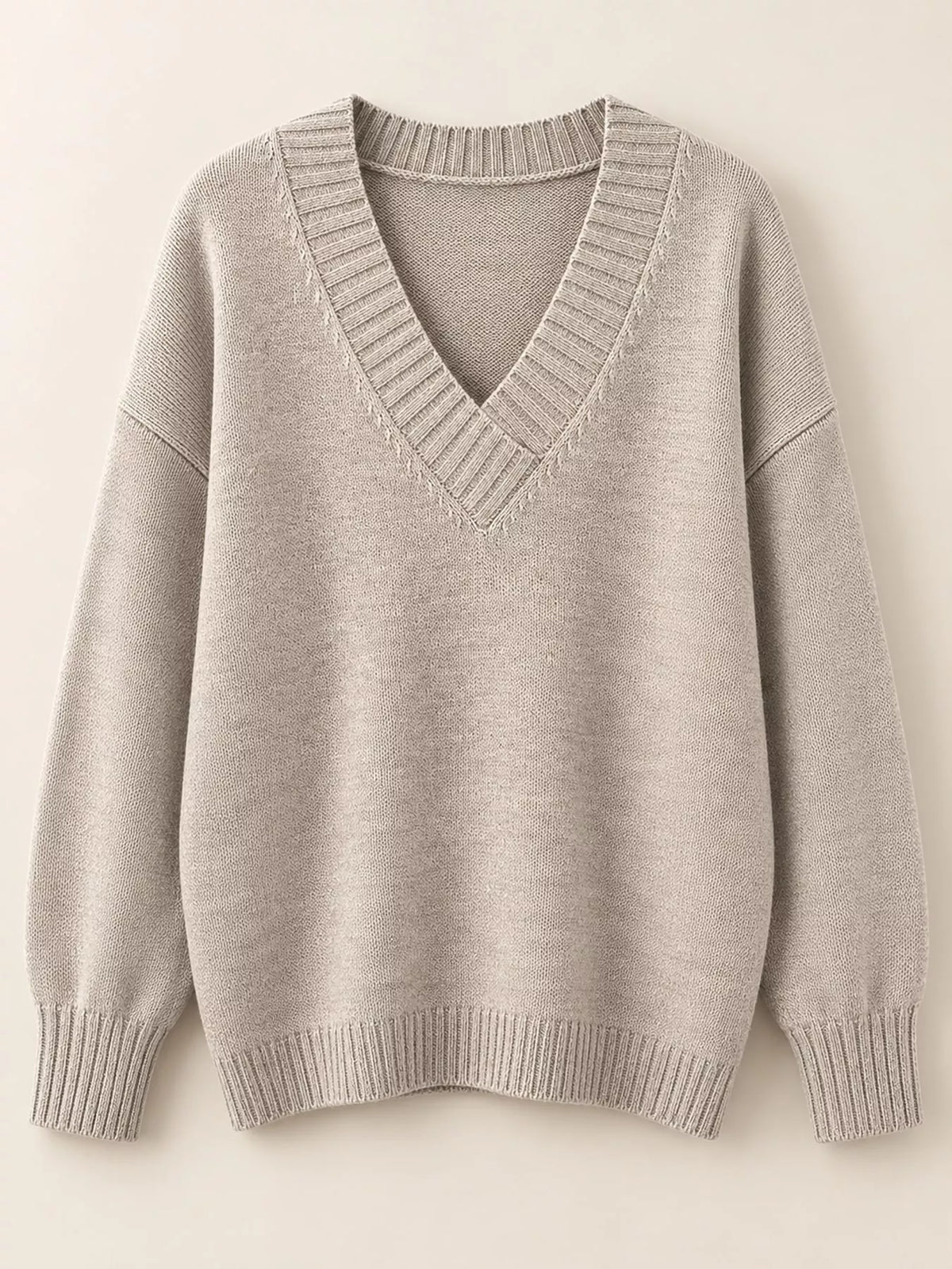 V-neck sweater, beige flat lay