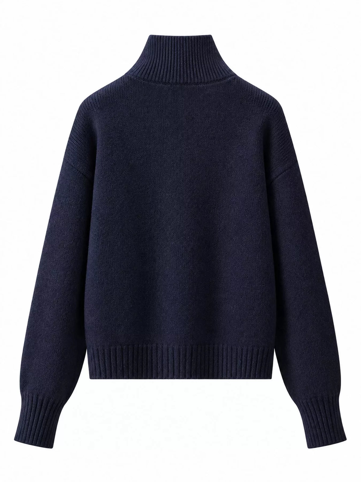Navy turtleneck zip-up cardigan, back view