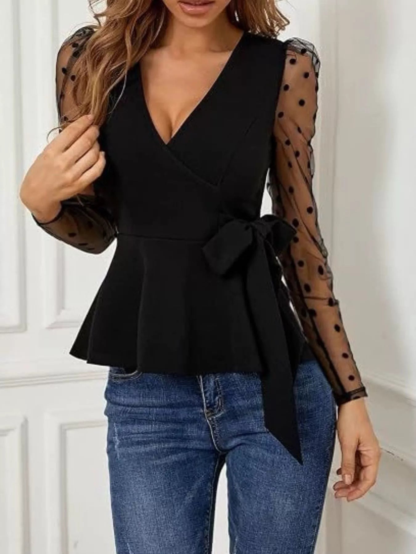 Trendsi Polka Dot Mesh Sleeve Wrap Top -
