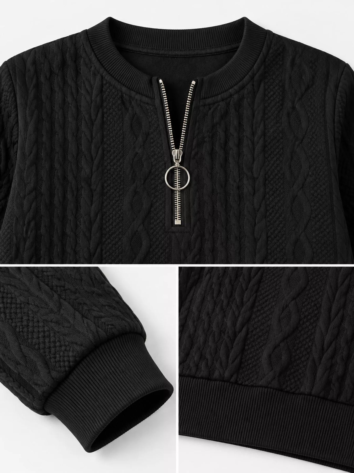 Quarter-Zip Cable Knit Sweatshirt — garment construction details