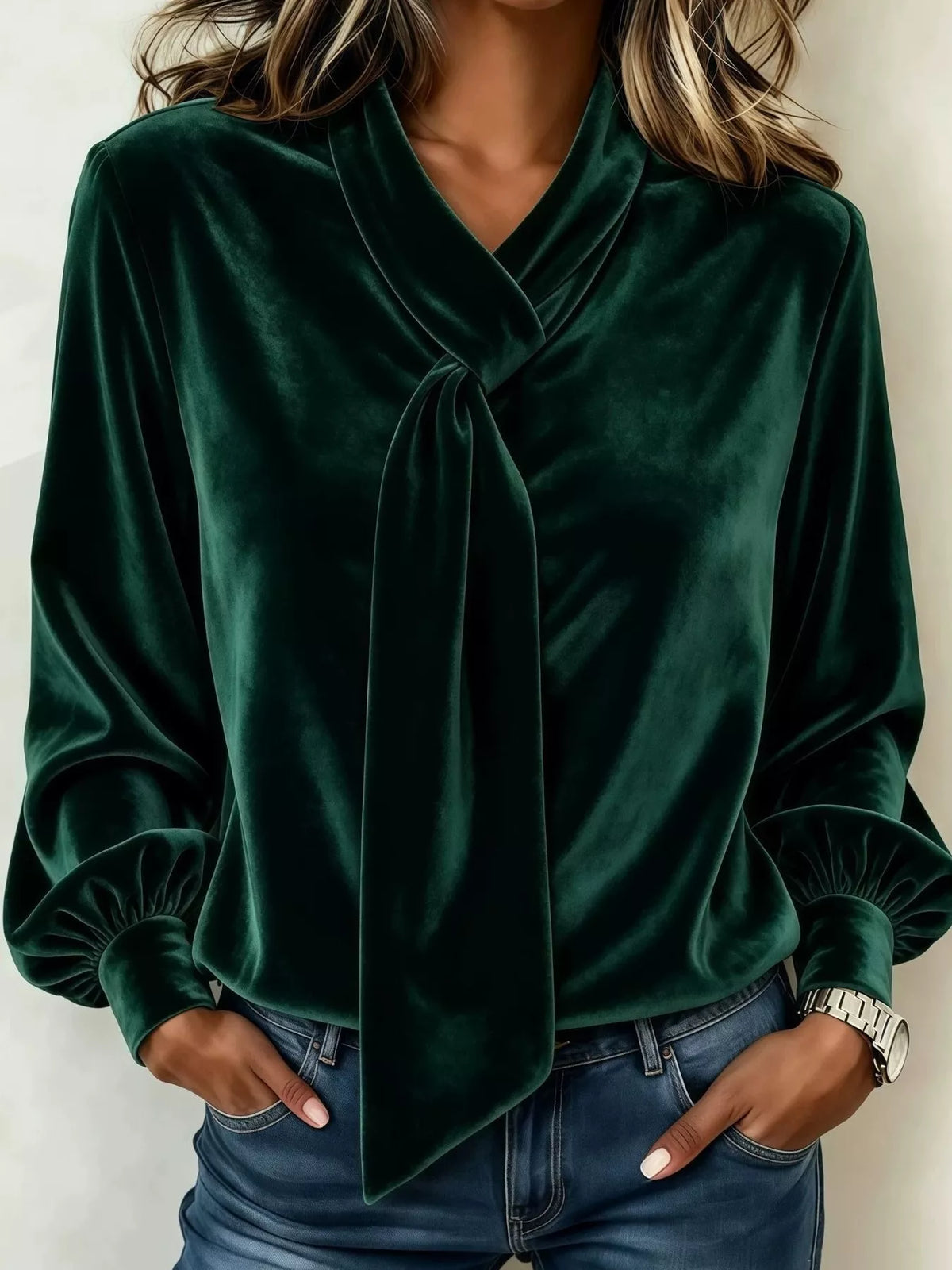 Green velvet tie-neck blouse
