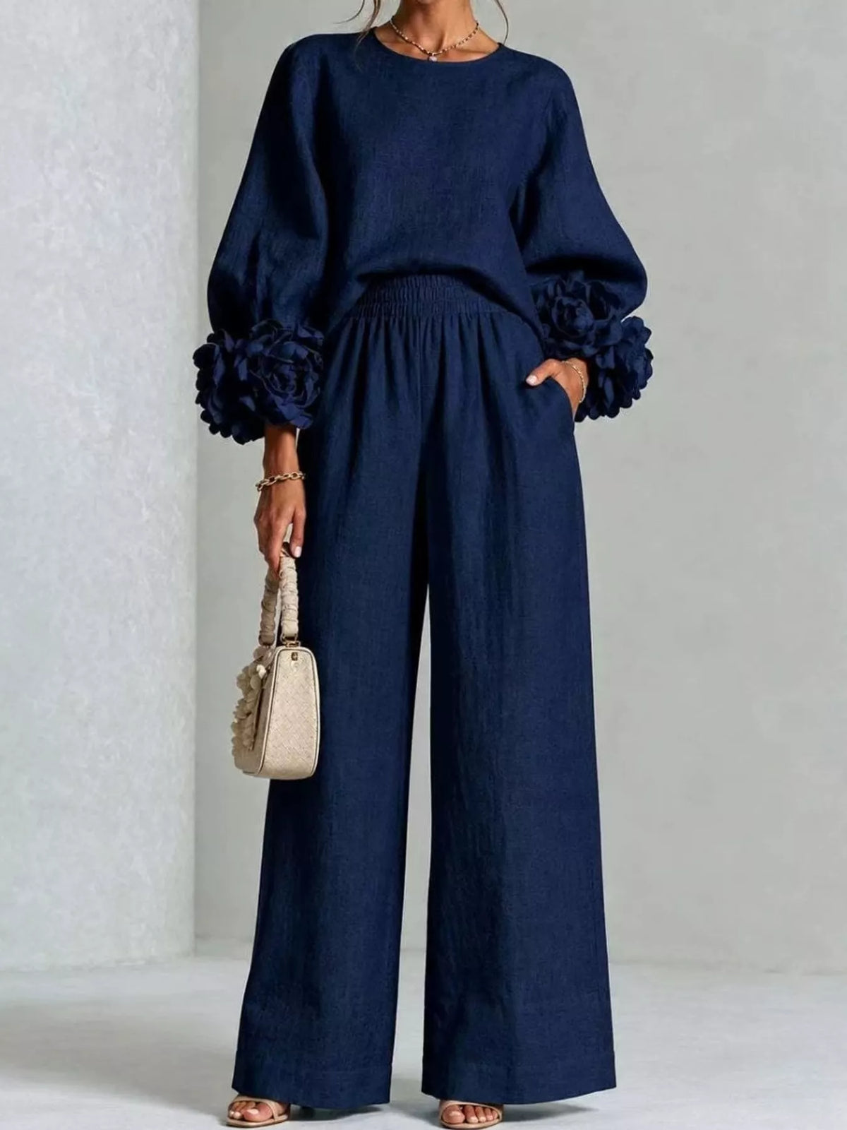 Floral Sleeve Embellishments Top and Pants Set — front view