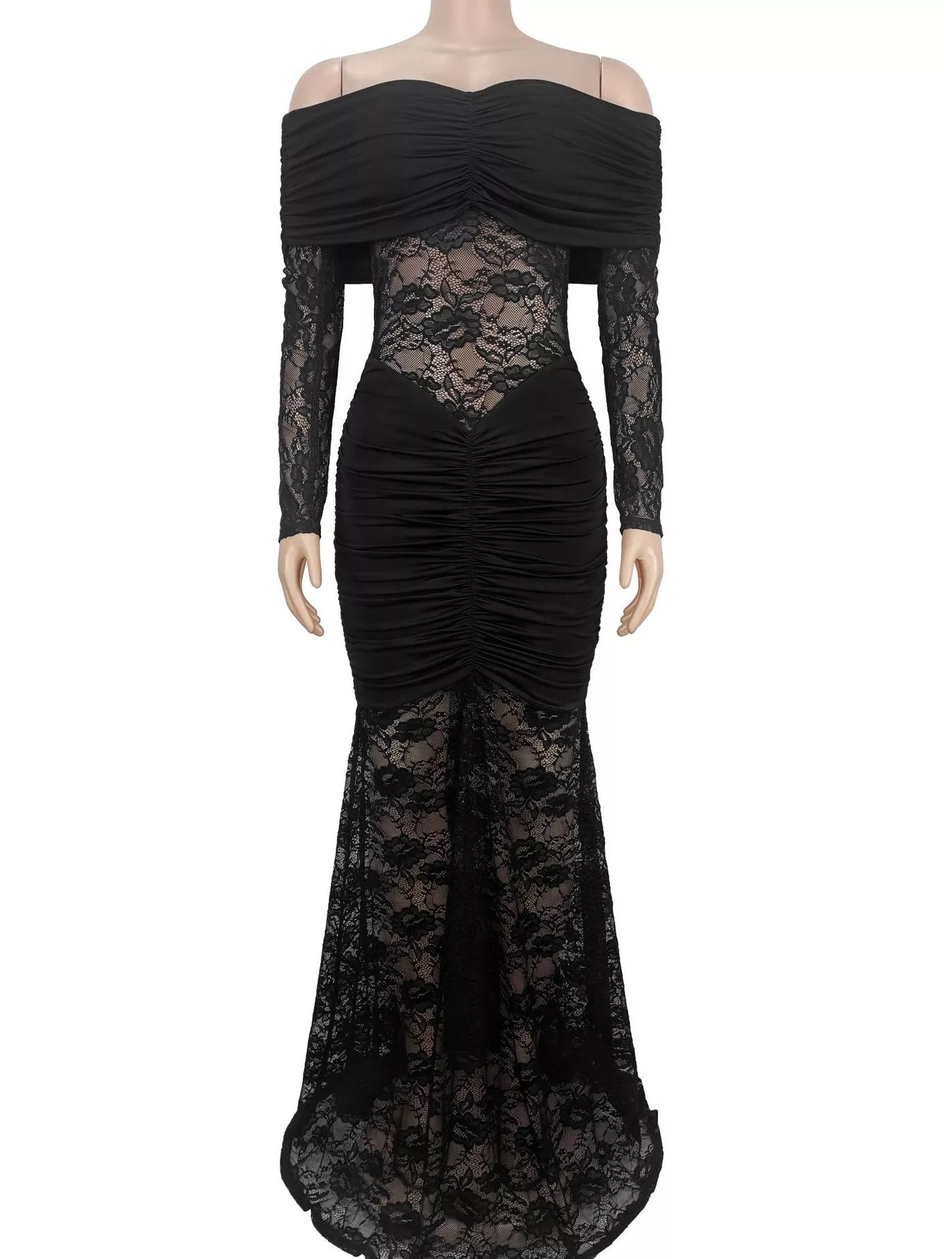 Trendsi Off-Shoulder Ruched Lace Mermaid Maxi Dress -