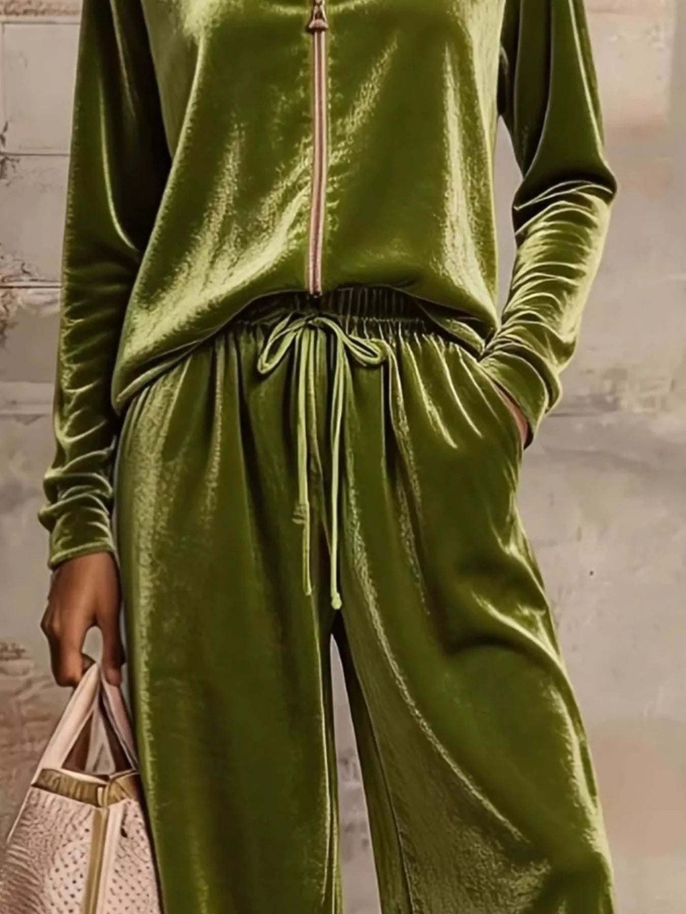 Trendsi Velvet Zip-Up Top and Pants Set -