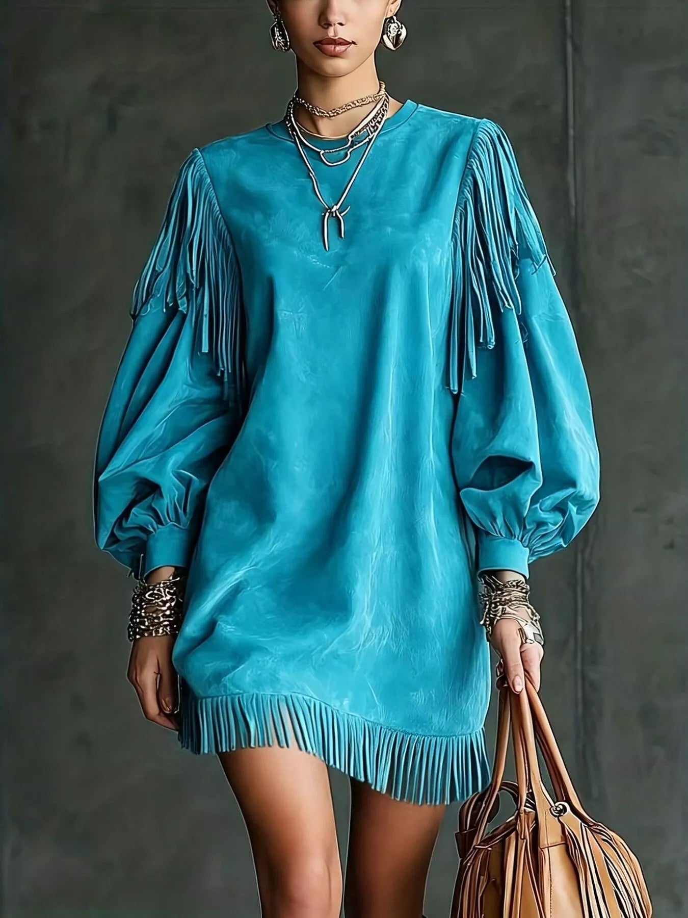 Trendsi Fringe Detail Lantern Sleeve Mini Dress -
