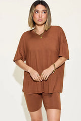 Trendsi Basic Bae Full Size V-Neck Drop Shoulder T-Shirt and Shorts Set -