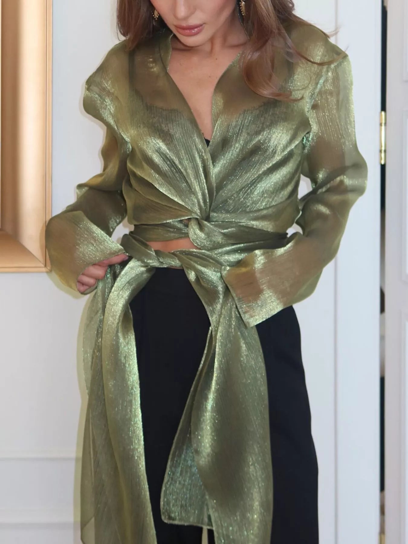 Trendsi Sheer Front Tie Detail Long Sleeve Shirt -