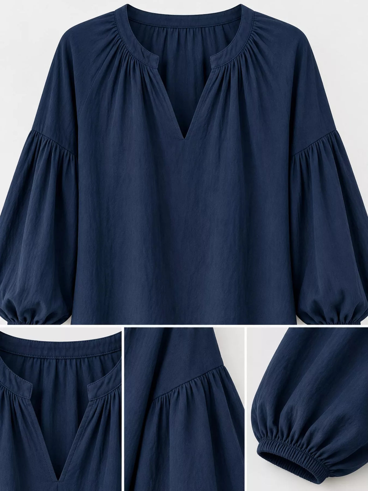 Notched Balloon Sleeve Blouse in navy, construction detail