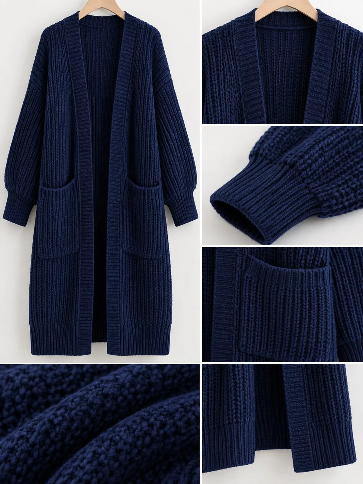 Longline knit cardigan, navy detail collage