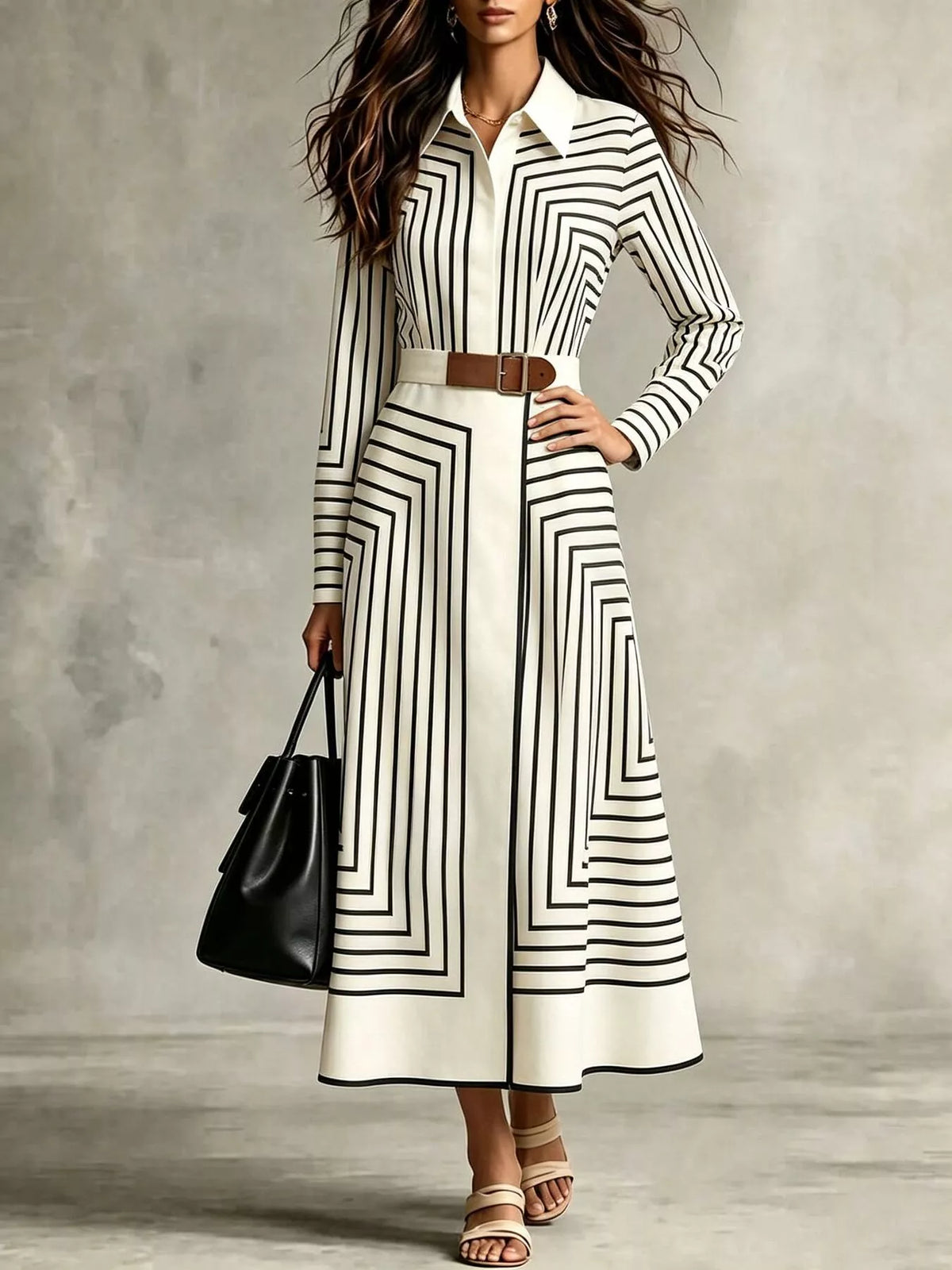 Geometric shirt dress, black and white front