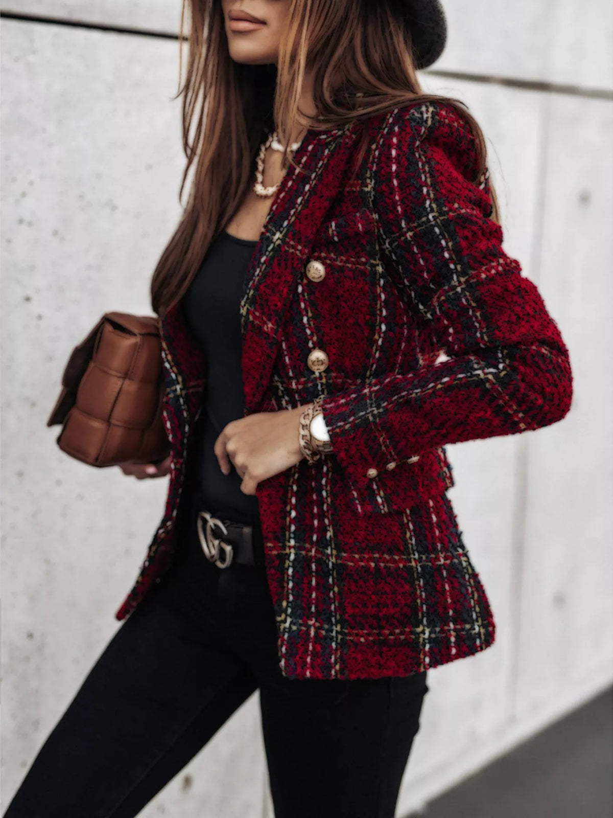 Burgundy plaid tweed-look double-breasted blazer