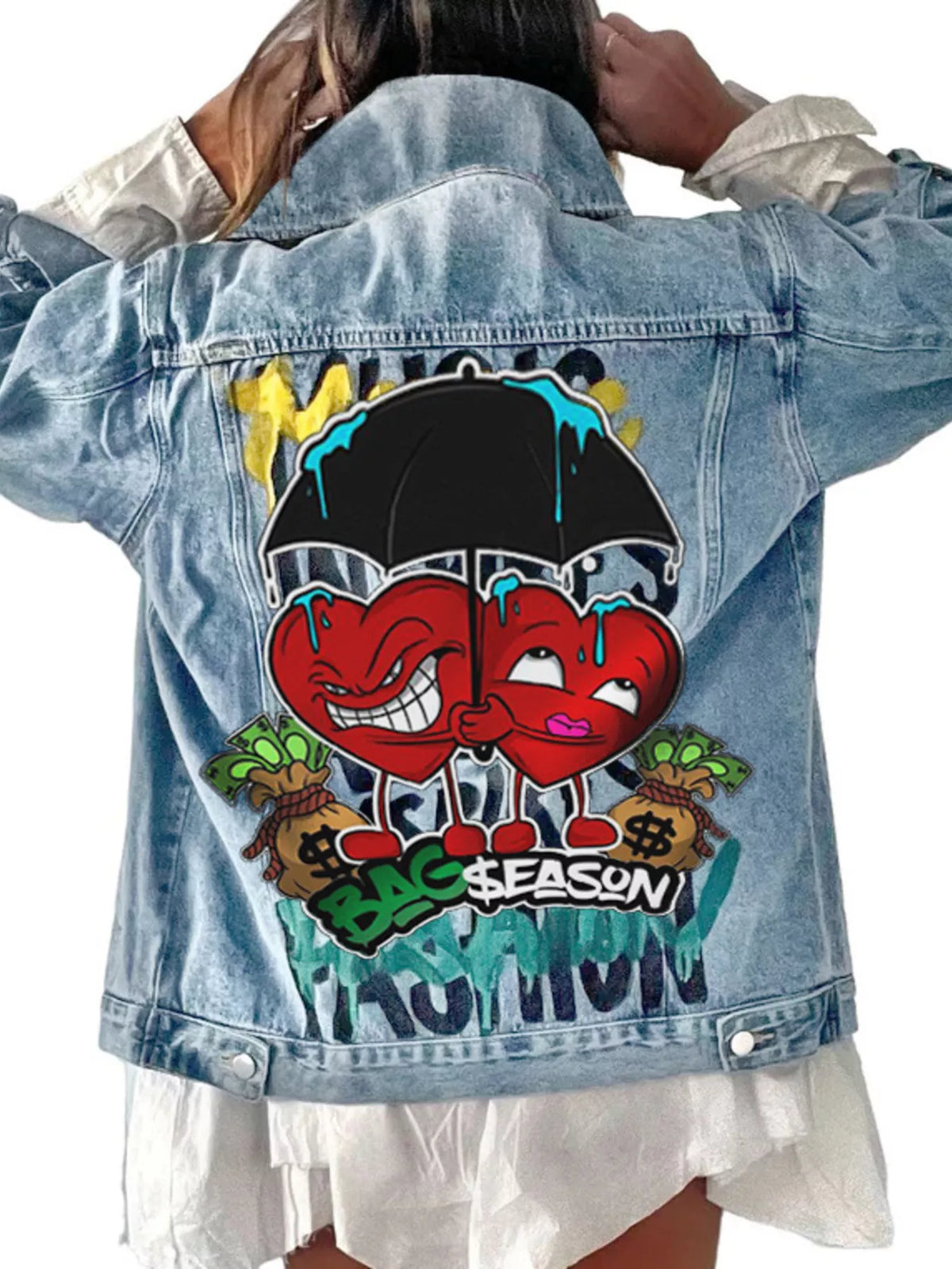 Light blue heart-and-umbrella graphic jacket, back graphic view
