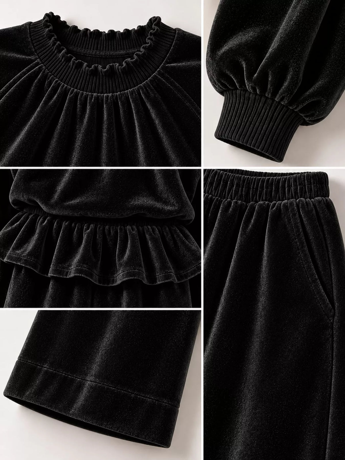 Black velvet ruffled hem top and wide-leg pants set — design and construction details