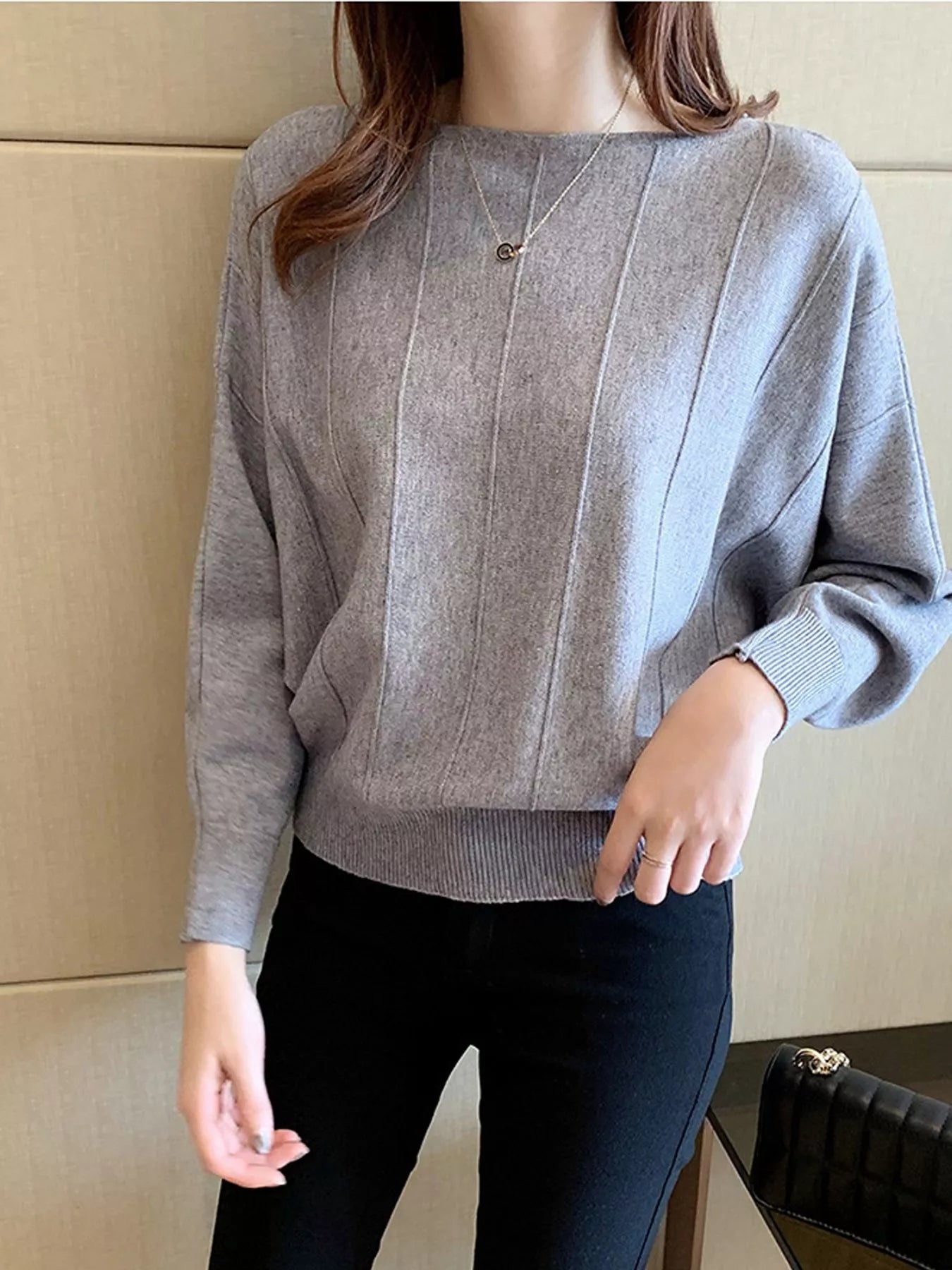 Trendsi Ribbed Hem Batwing Sleeve Knit Top -