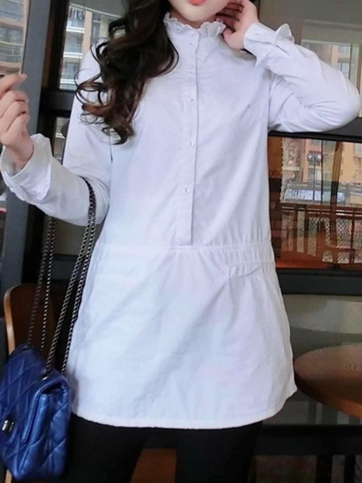 Ruffle-Neck Longline Blouse with Elastic Waist in white