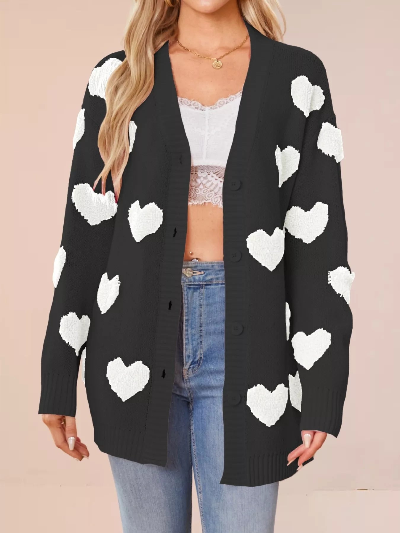 Trendsi Heart Pattern V-Neck Button-Down Knit Cardigan -