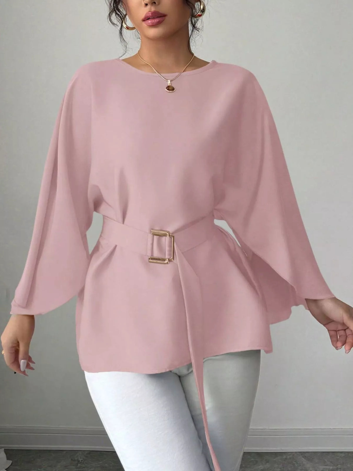 Round-neck belt batwing-sleeve blouse