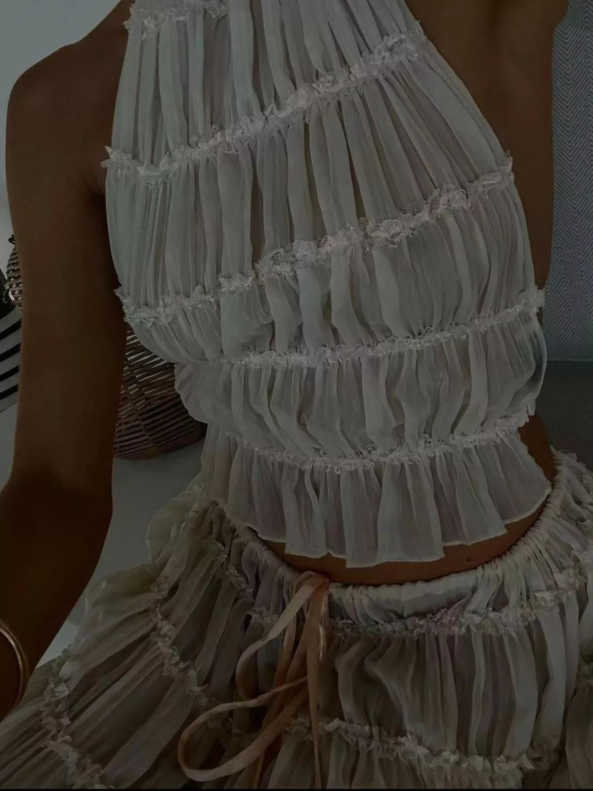 Halter top and skirt set, ivory ruffle close up